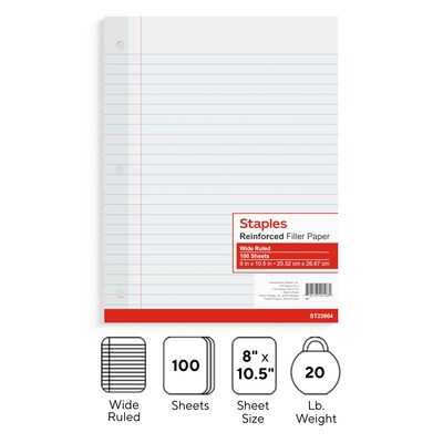 Staples Wide Ruled Filler Paper, 8" x 10.5", White, 100 Sheets/Pack (TR23904)