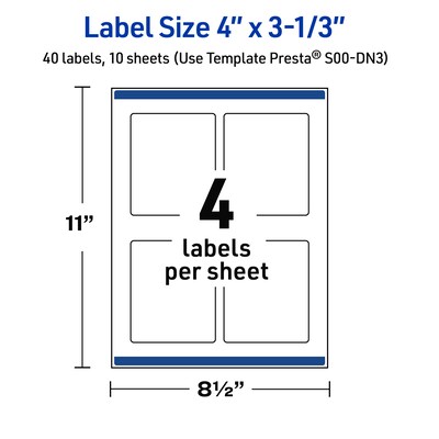 Avery Laser/Inkjet Rectangle Multipurpose Labels, 4" x 3-1/3", White, 40/Pack (S00DN3)