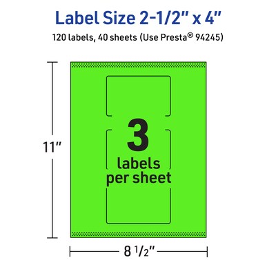 Avery Laser/Inkjet Multipurpose Rectangle Labels, 2.5" x 4", Neon Green, 120/Pack (94245)