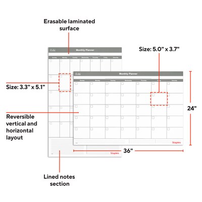 Staples 24" x 36" Monthly Dry-Erase Undated Wall Calendar, Reversible, White/Gray (ST60365-25)