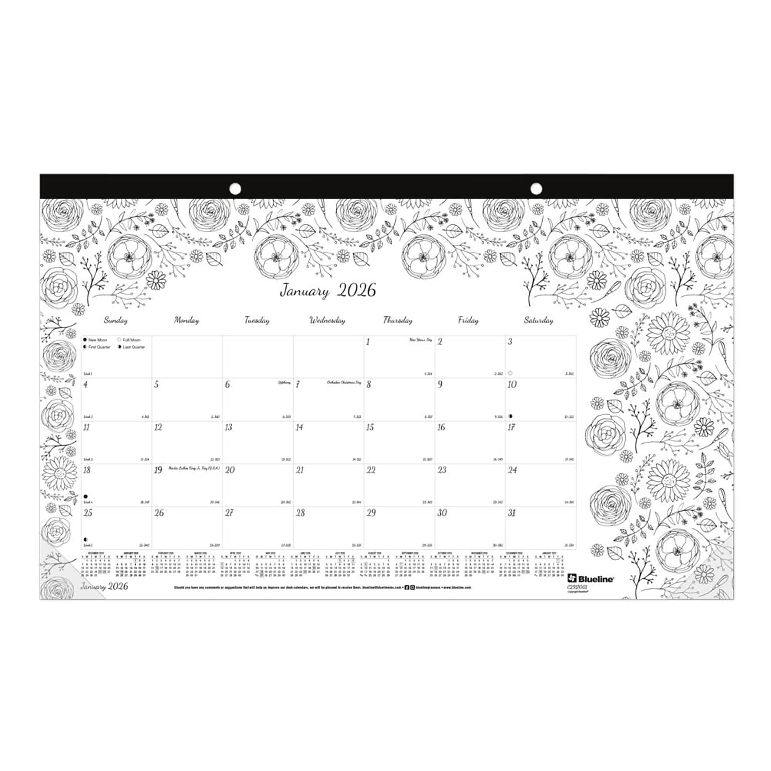 2026 Blueline DoodlePlan 10.875 x 17.75 Monthly Desk Pad Coloring Calendar, Black/White (C2917001)