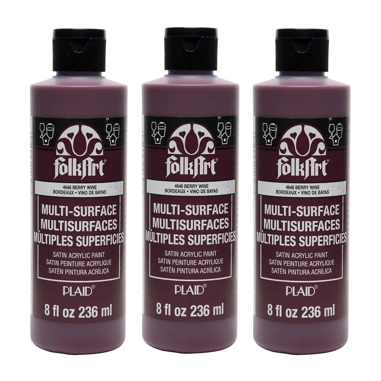 FolkArt Acrylic Paint Multi-Surface Satin, 8oz., Berry Wine, 3/Pack(FLK4648-3)