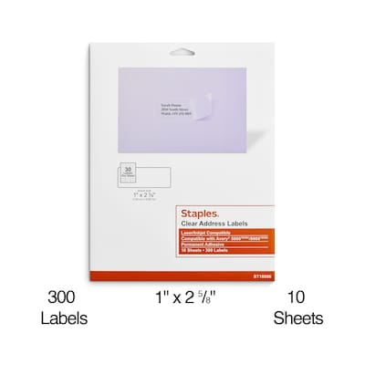 Staples® Laser/Inkjet Address Labels, 1" x 2 5/8", Clear, 30 Labels/Sheet, 10 Sheets/Pack, 300/Box (ST18086-CC)