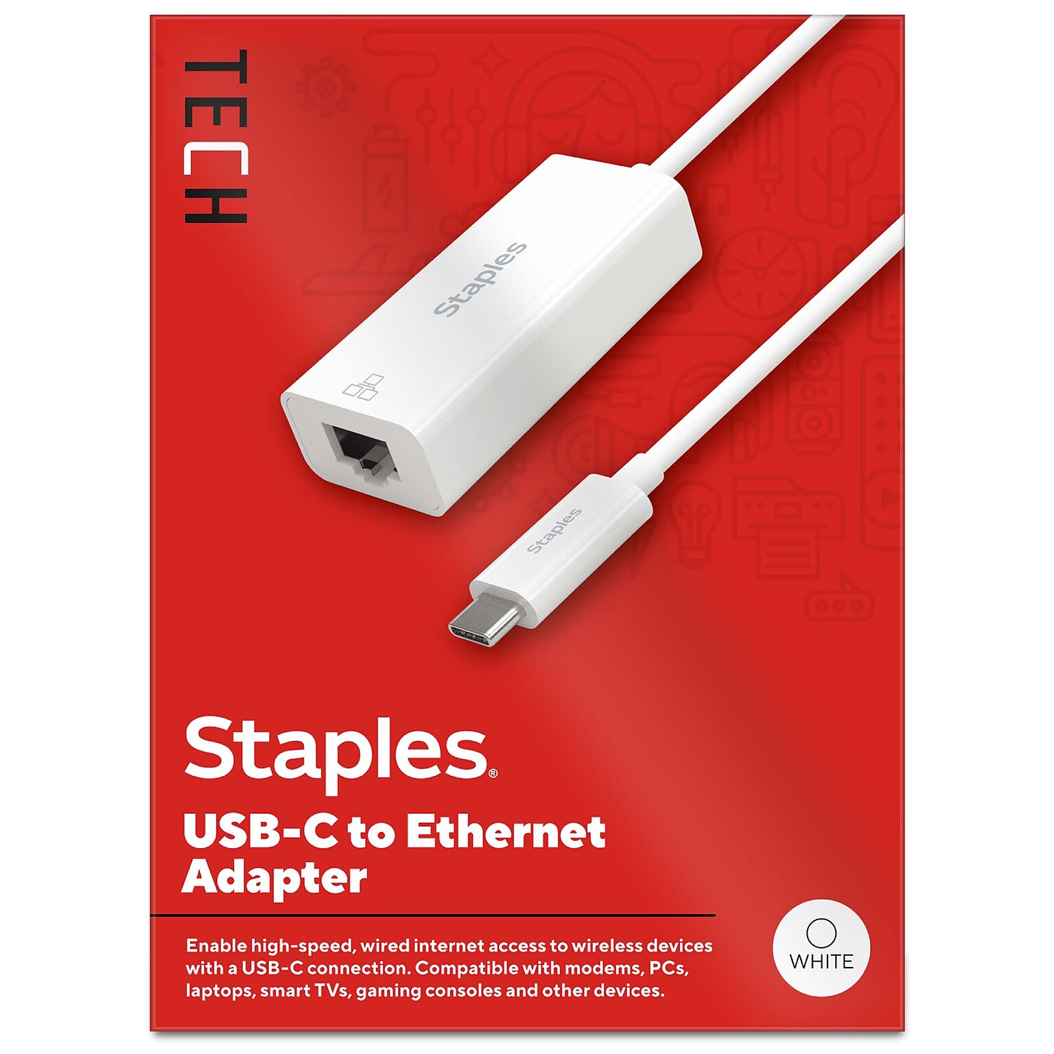 Staples TECH USB-C to Ethernet Adapter, Female to Male, White (ST62369)
