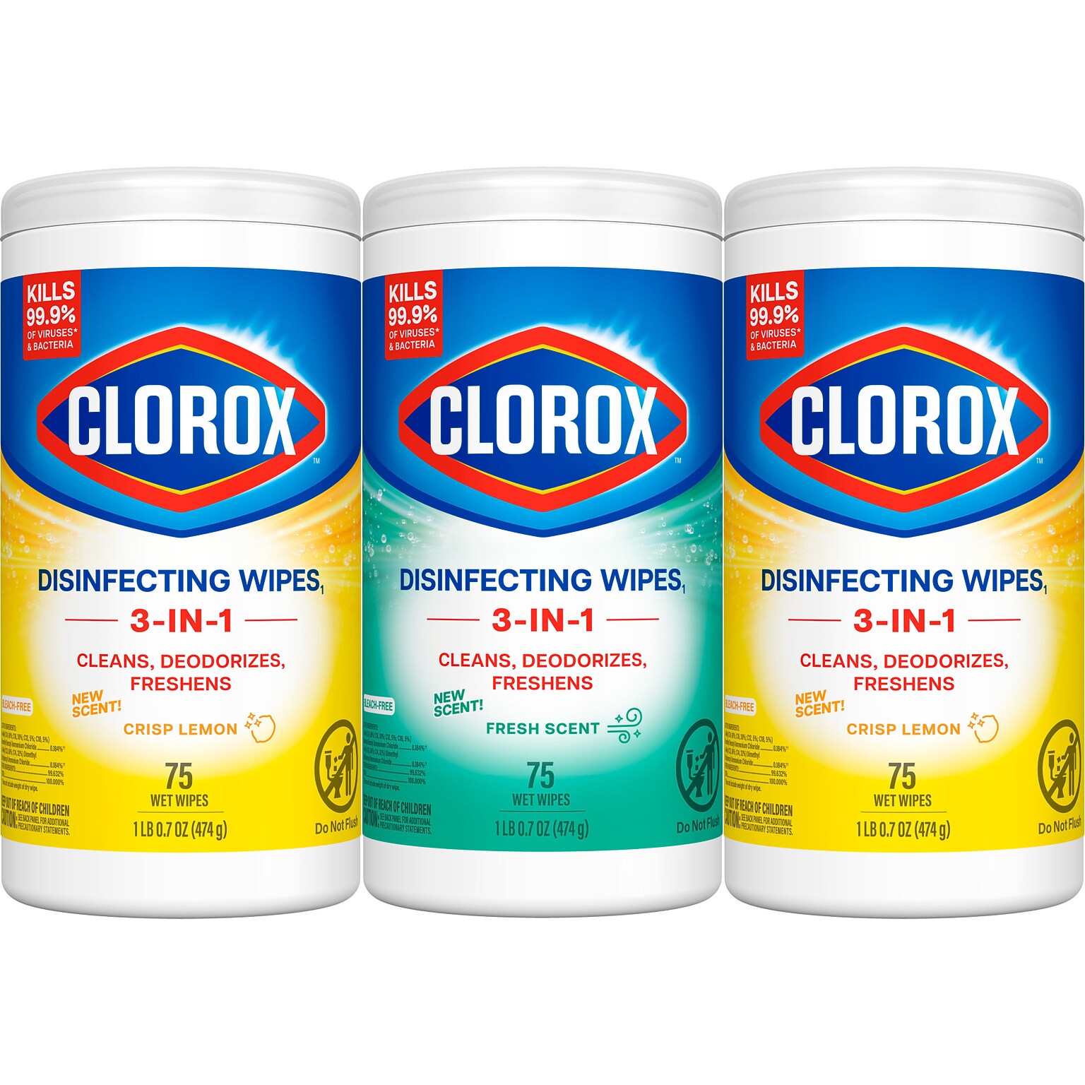 Clorox Disinfecting Wipes, Fresh and Crisp Lemon Scent, 75 Wipes/Container, 3/Pack (60379)