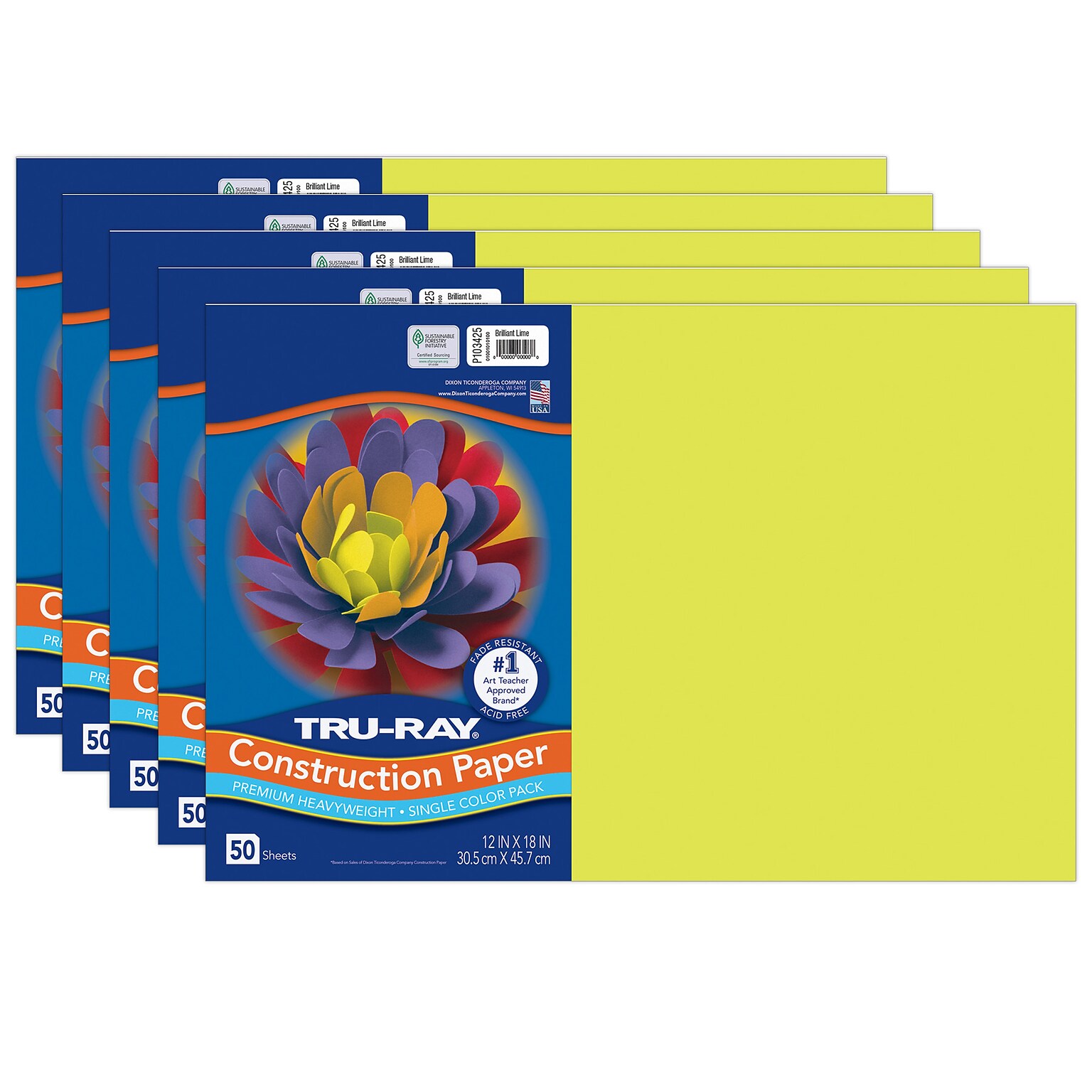 Tru-Ray 12 x 18 Construction Paper, Brilliant Lime, 50 Sheets/Pack, 5 Packs/Bundle (PAC103425-5)