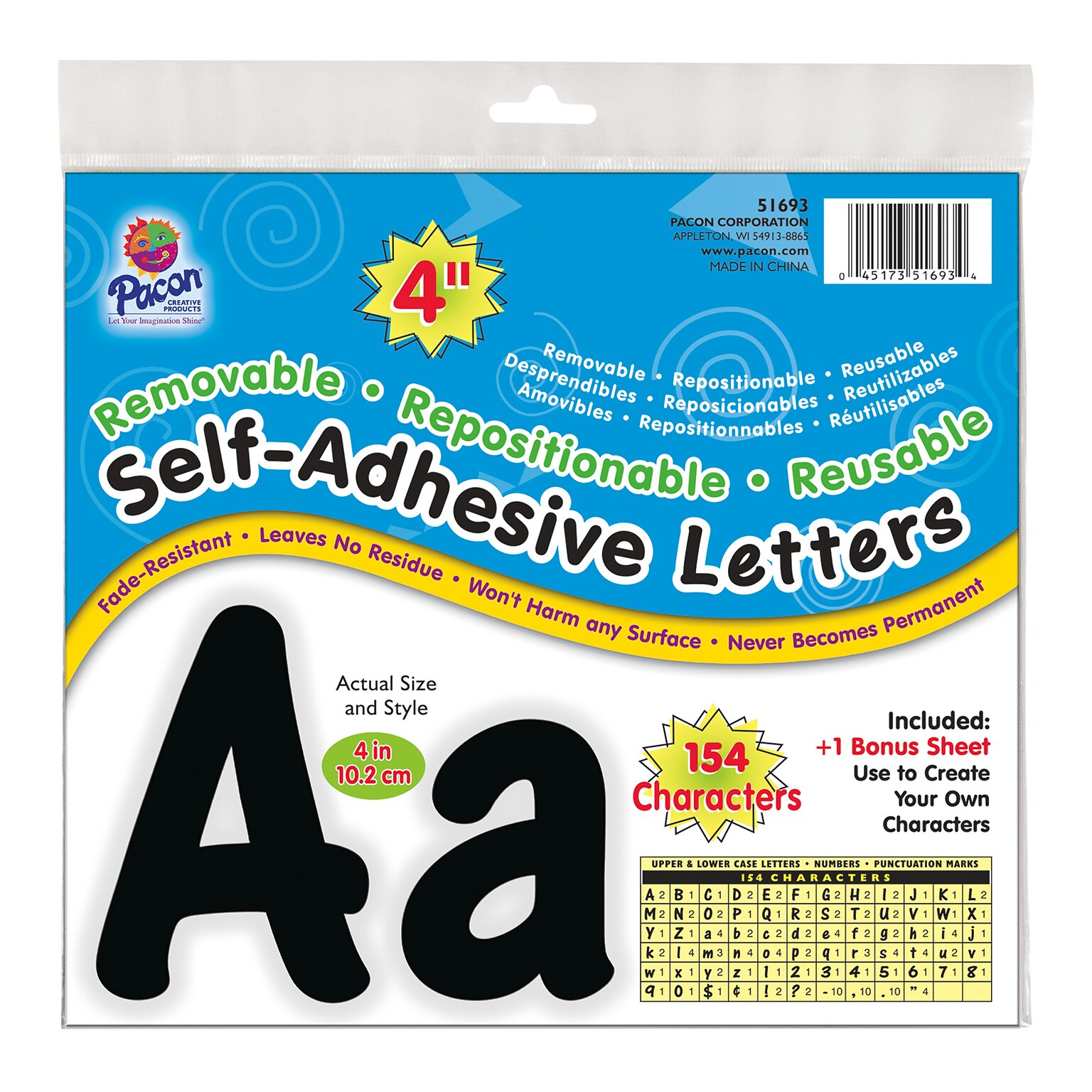 Pacon Cheery Font 4 Letter & Number Adhesive Letters, Black, 154/Pack (PAC51693)