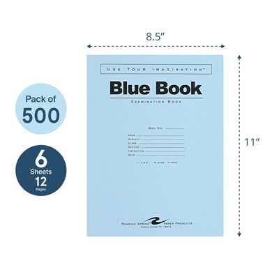 Roaring Spring Paper Products Exam Notebooks, 8.5" x 11", Wide Ruled, 6 Sheets, Blue, 500/Carton (77516CS)