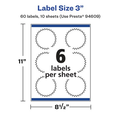 Avery Laser/Inkjet Multipurpose StarburstLabels, 3" Dia, Glossy White, 60/Pack (94609)