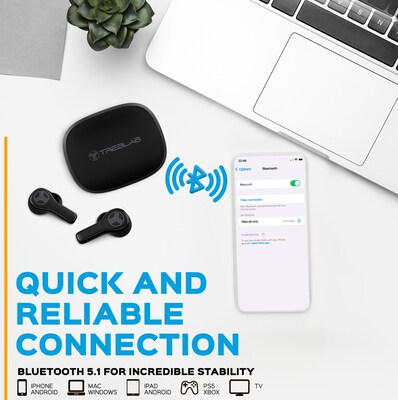 Treblab WX8 True Wireless IPX8 Waterproof Earbuds, Bluetooth, Black