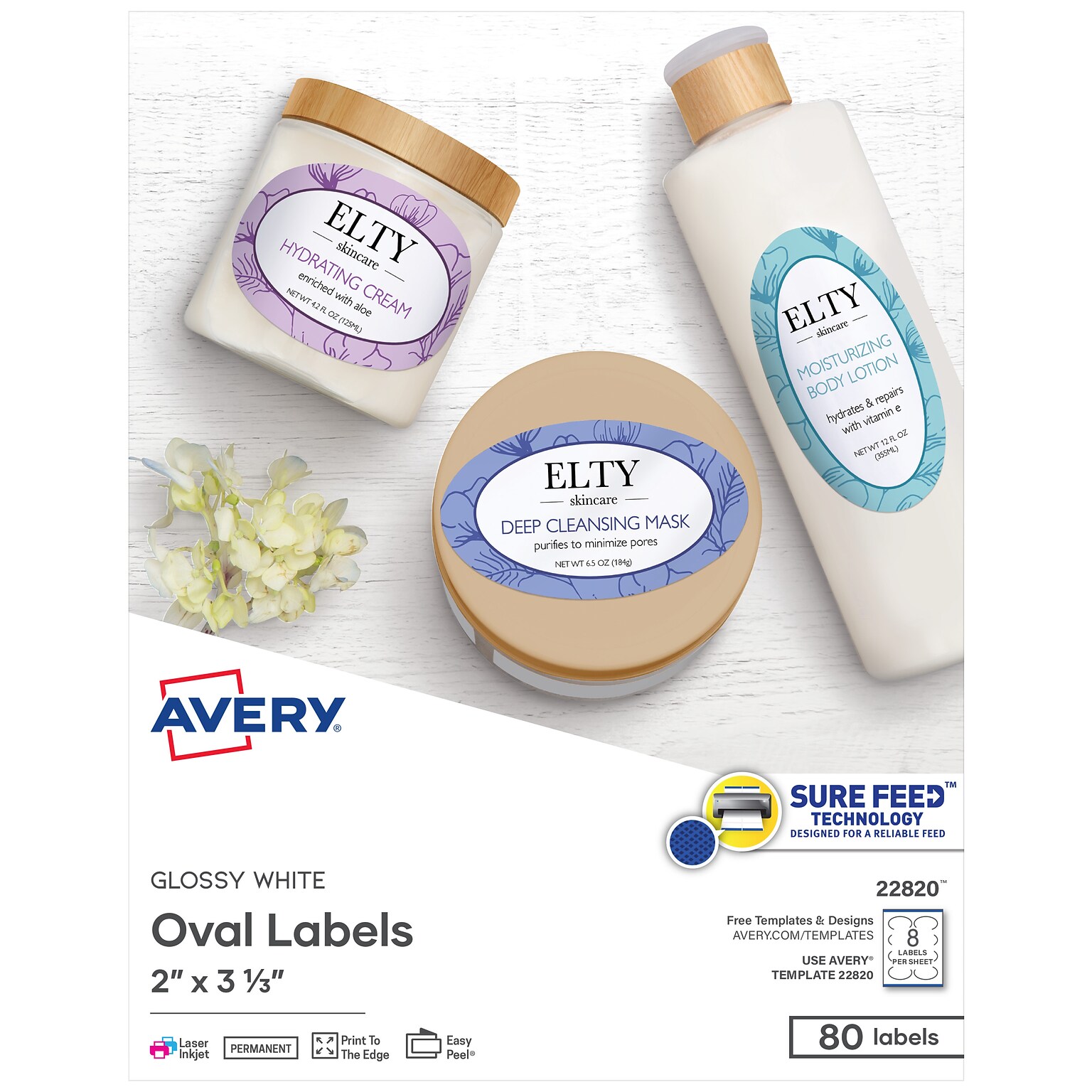 Avery Print-to-the-Edge Laser/Inkjet Oval Labels, 2 x 3 1/3, White, 8 Labels/Sheet, 10 Sheets/Pack, 80 Labels/Pack (22820)