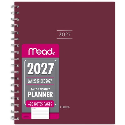 2027 Mead Essentials 7 x 8.75 Calendar Year Daily & Monthly Planner, Plastic Cover, Burgundy (CRD8305027)