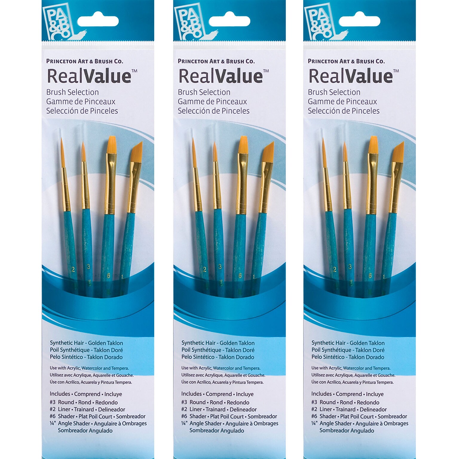 Princeton RealValue Mixed Media Synthetic Taklon Variety Brush Set, Blue, 4/Set, 3 Sets/Bundle (PBXPR9173-3)