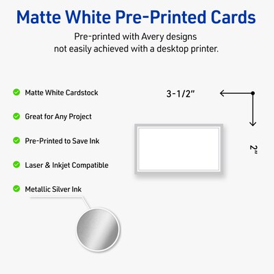 Avery Silver Border Business Cards, 2 x 3.5, Matte White, 80/Pack (19479399971)