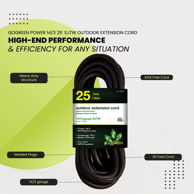 GoGreen Power 25' Indoor/Outdoor Extension Cord, 14 AWG, Black (GG-13825BK)