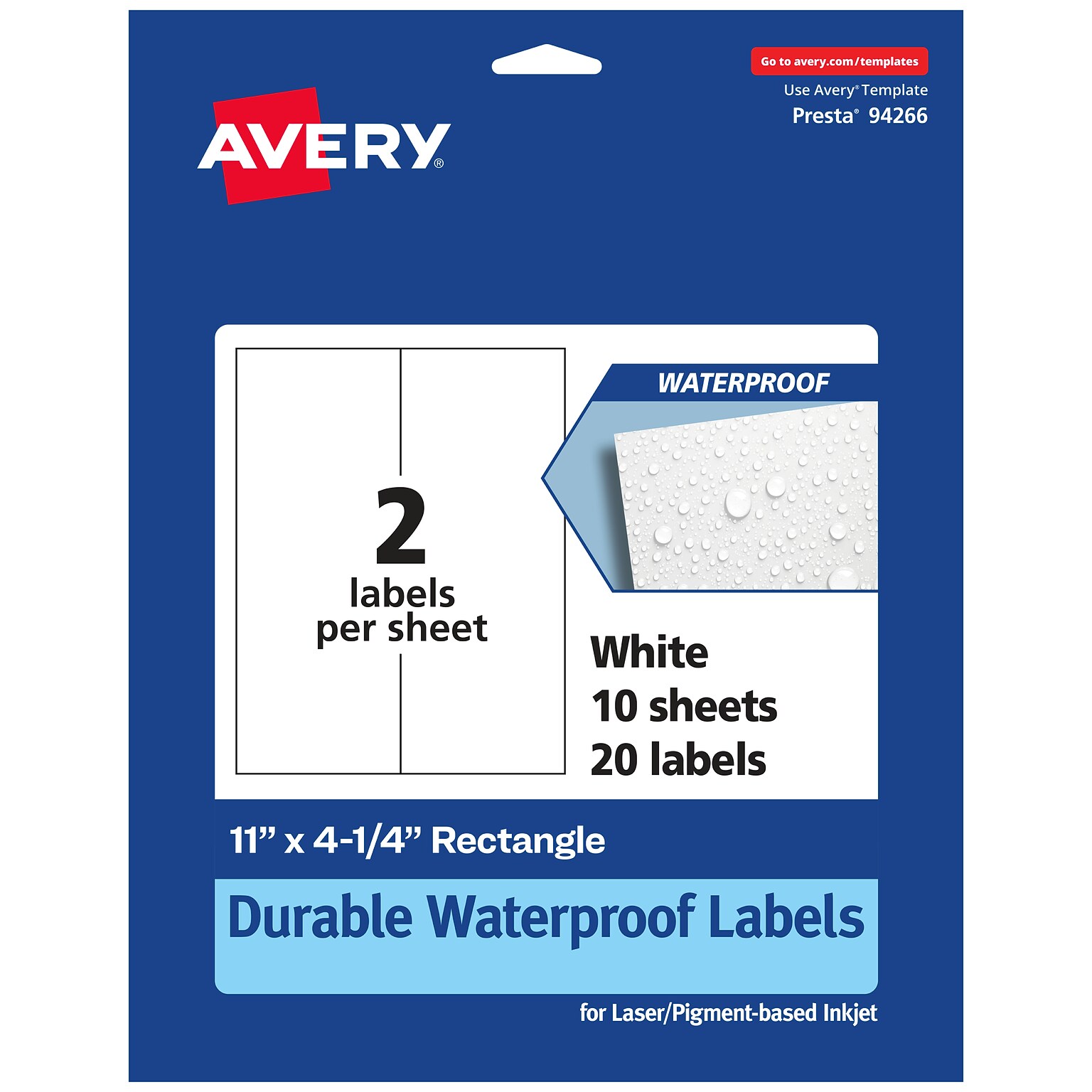 Avery Laser/Inkjet Rectangle Waterproof Multipurpose Labels, 4.25  x 11, White, 20/Pack (94266)