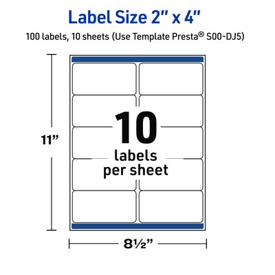 Avery Laser/Inkjet Rectangle Multipurpose Labels, 2" x 4", White, 100/Pack (S00-DJ5)