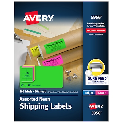 Avery Sure Feed Laser Shipping Labels, 2x 4, Assorted Neon, 500 Labels/Box (5956)