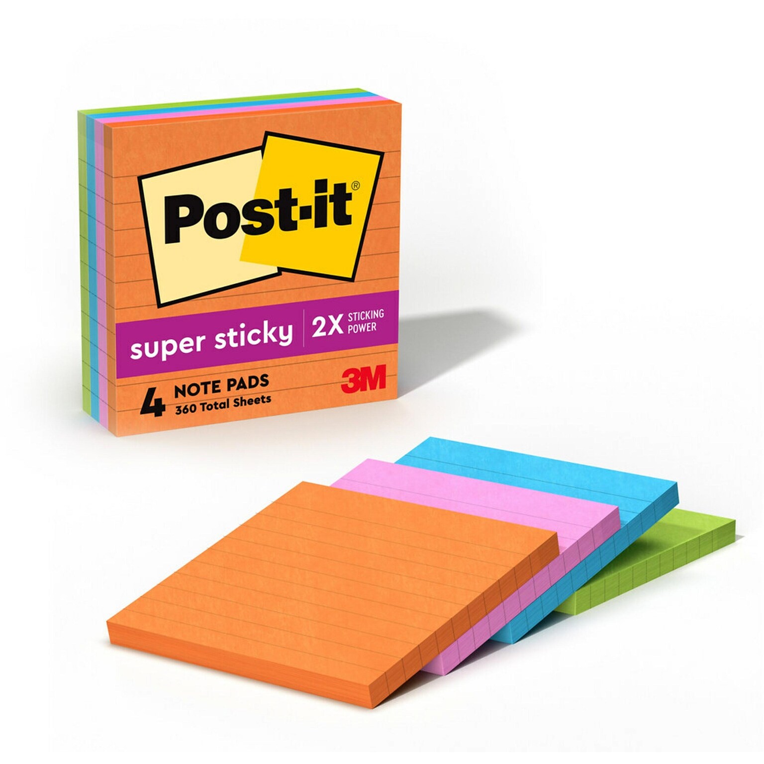 Post-it Super Sticky Notes, 4 x 4, Energy Boost Collection, Lined, 90 Sheet/Pad, 4 Pads/Pack (675-4SSUC)