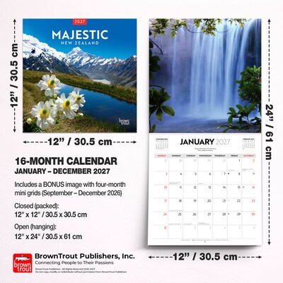 2027 BrownTrout Majestic New Zealand 12" x 12" Monthly Wall Calendar (9347301107283)