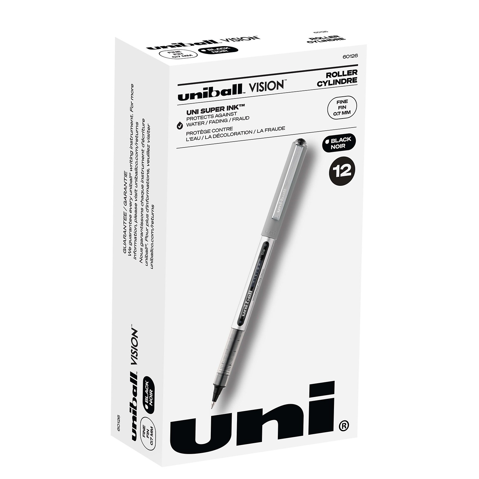 uni-ball Vision Rollerball Pens, Fine Point, 0.7mm, Black Ink, Dozen (60126)