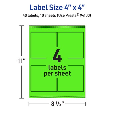 Avery Laser/Inkjet Multipurpose Square Labels, 4" x 4", Neon Green, 40/Pack (94100)