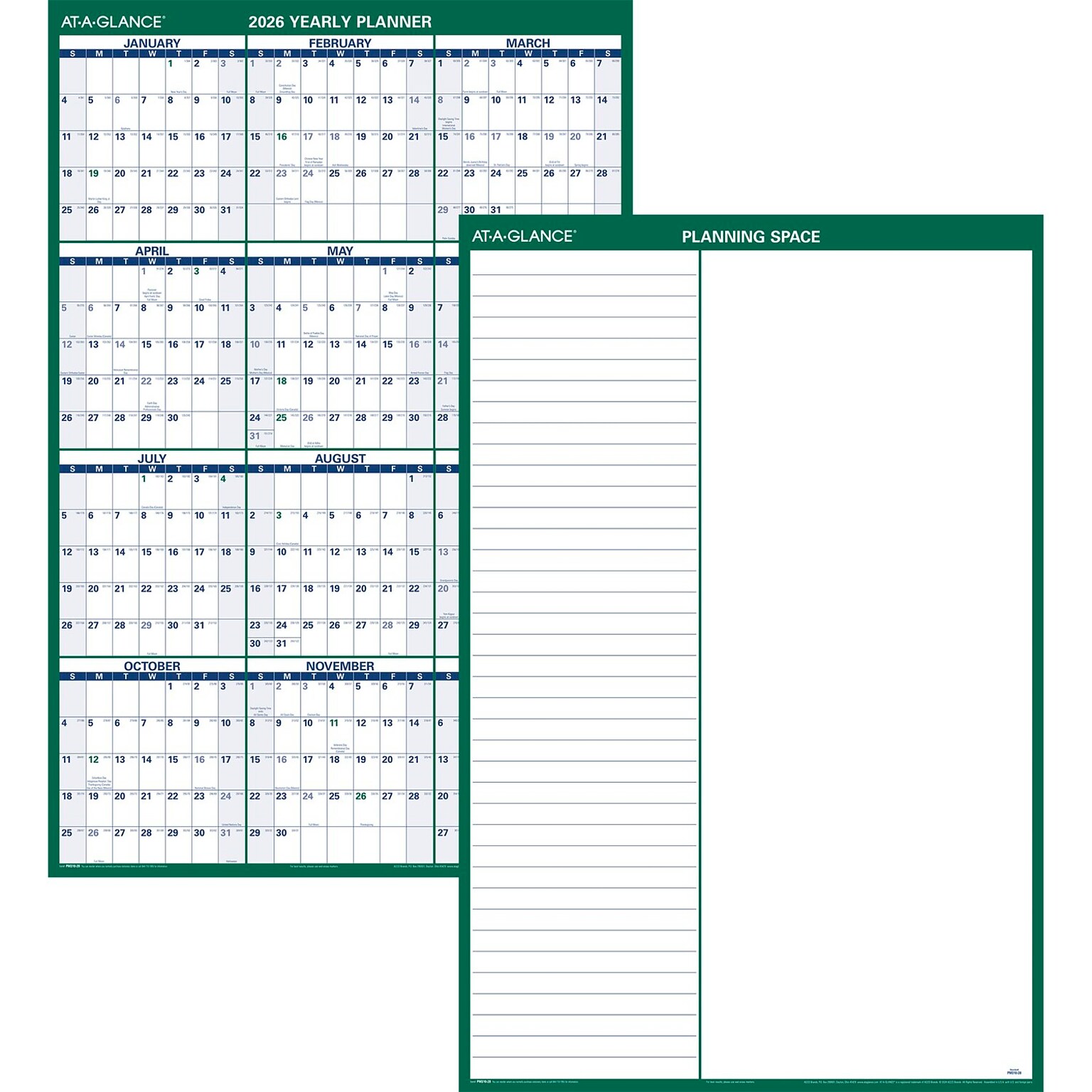 2026 AT-A-GLANCE 32 x 48 Yearly Dry Erase Wall Calendar, Reversible, White/Green (PM310-28-26)