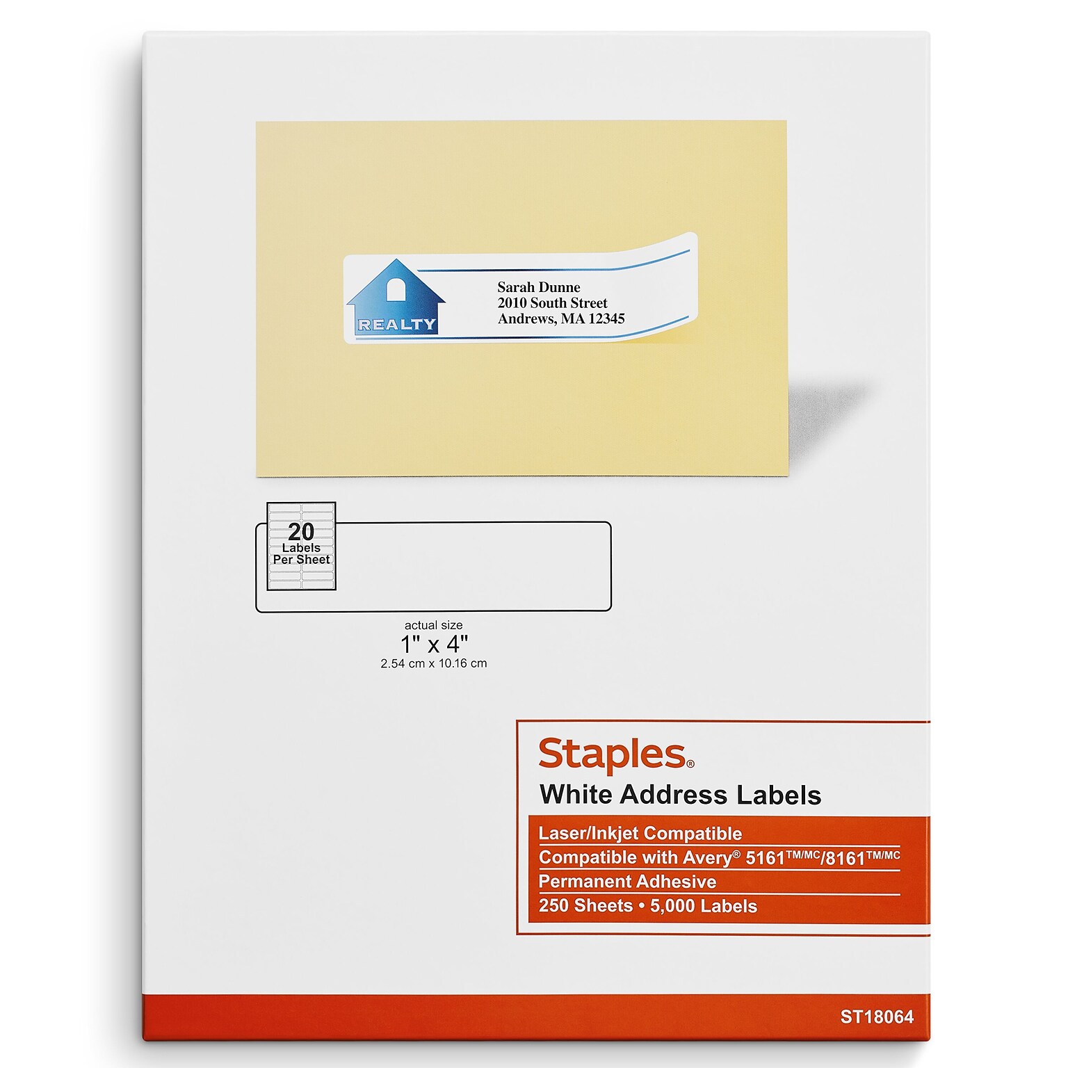 Staples® Laser/Inkjet Address Labels, 1 x 4, Bright White, 20 Labels/Sheet, 250 Sheets/Box, 5000 Labels/Box (ST18064-CC)