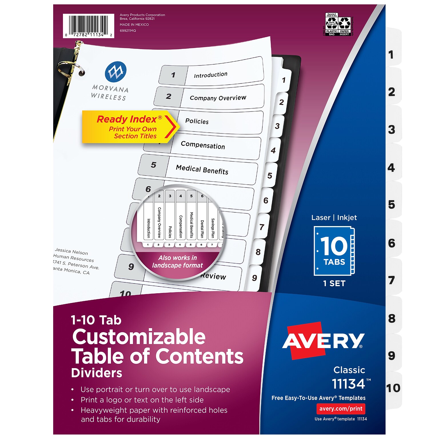 Avery Ready Index Table of Contents Paper Dividers, 1-10 Tabs, White (11134)
