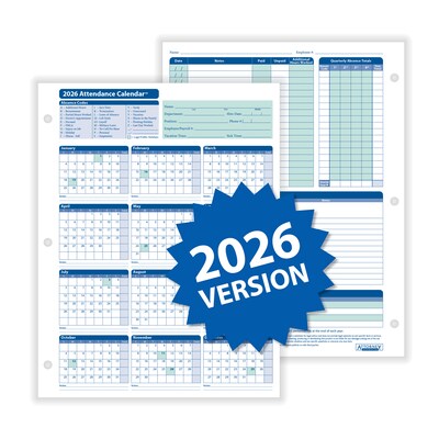 ComplyRight 2026 Attendance Calendar Set, 200 Forms/Pack (A1411W16PK200)