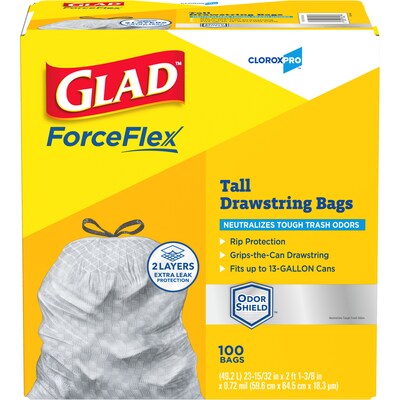 Glad ForceFlex Tall 13 Gallon Drawstring Kitchen Trash Bag, Grey, 100 Total Bags (70427)