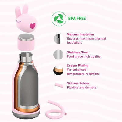 ASOBU Bestie Bottle Bunny Vacuum Insulated Stainless Steel Water Bottle with Reusable Flexi Straw, 16 oz., Pink (SBV44BU)
