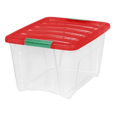 Iris Holiday Medium Stackable Plastic Storage Box, 10.5" x 14.4" x 18.5", 32 Qt., Clear/Red, 4/Pack (500532)