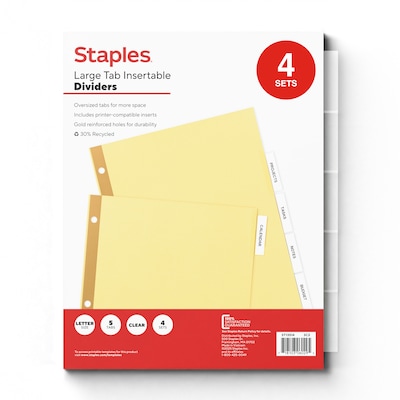 Staples Big Tab Blank Paper Dividers, 5-Tab, Clear, Writable Customizable Binder Dividers, 4-Pack