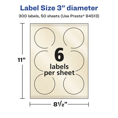 Avery Laser/Inkjet Round Multipurpose Labels, 3" Dia., Ivory, 300 Labels/Box (94513)