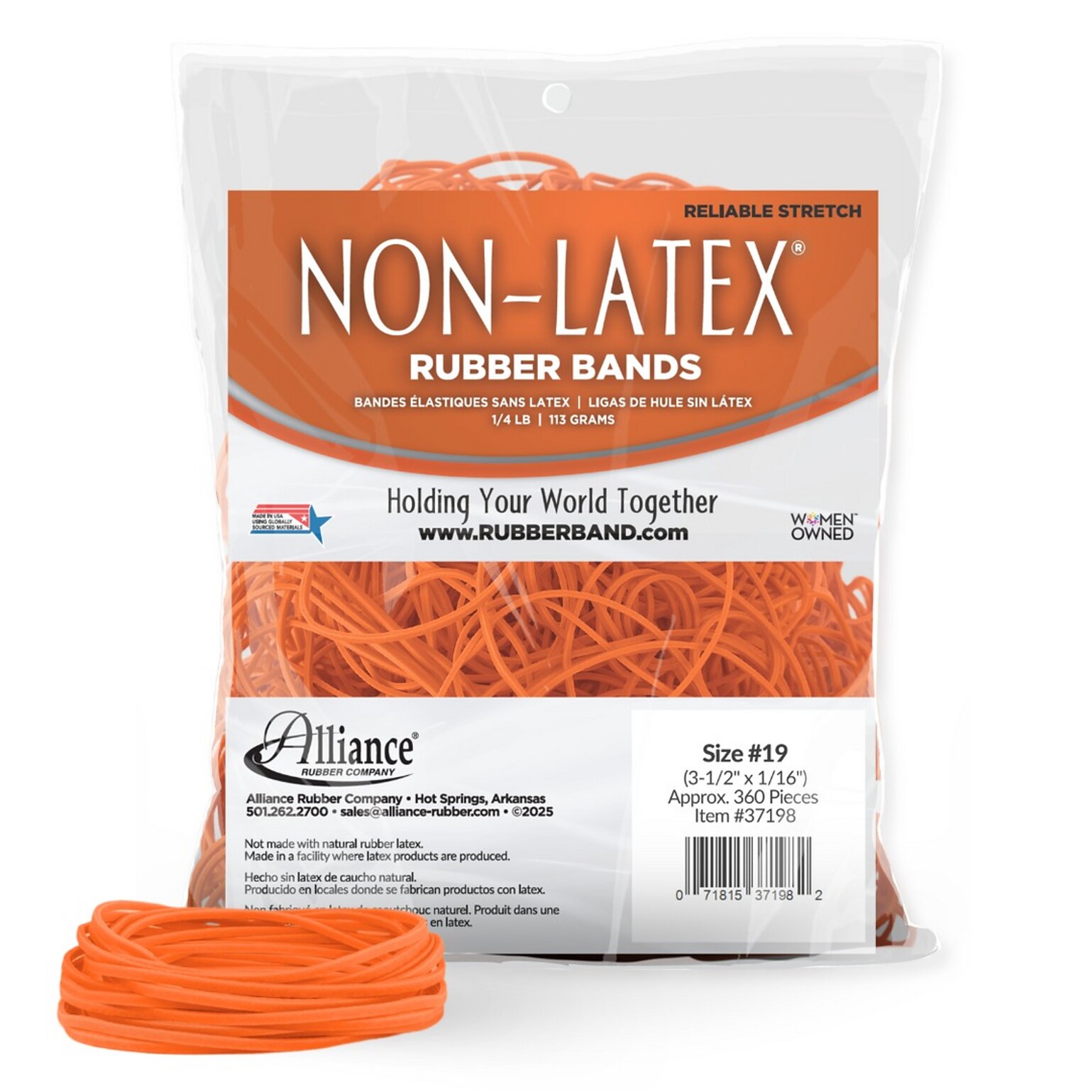 Alliance Non-Latex Multi-Purpose #19 Rubber Bands, 3-1/2 x 1/16, Orange, 360/Pack (37198)