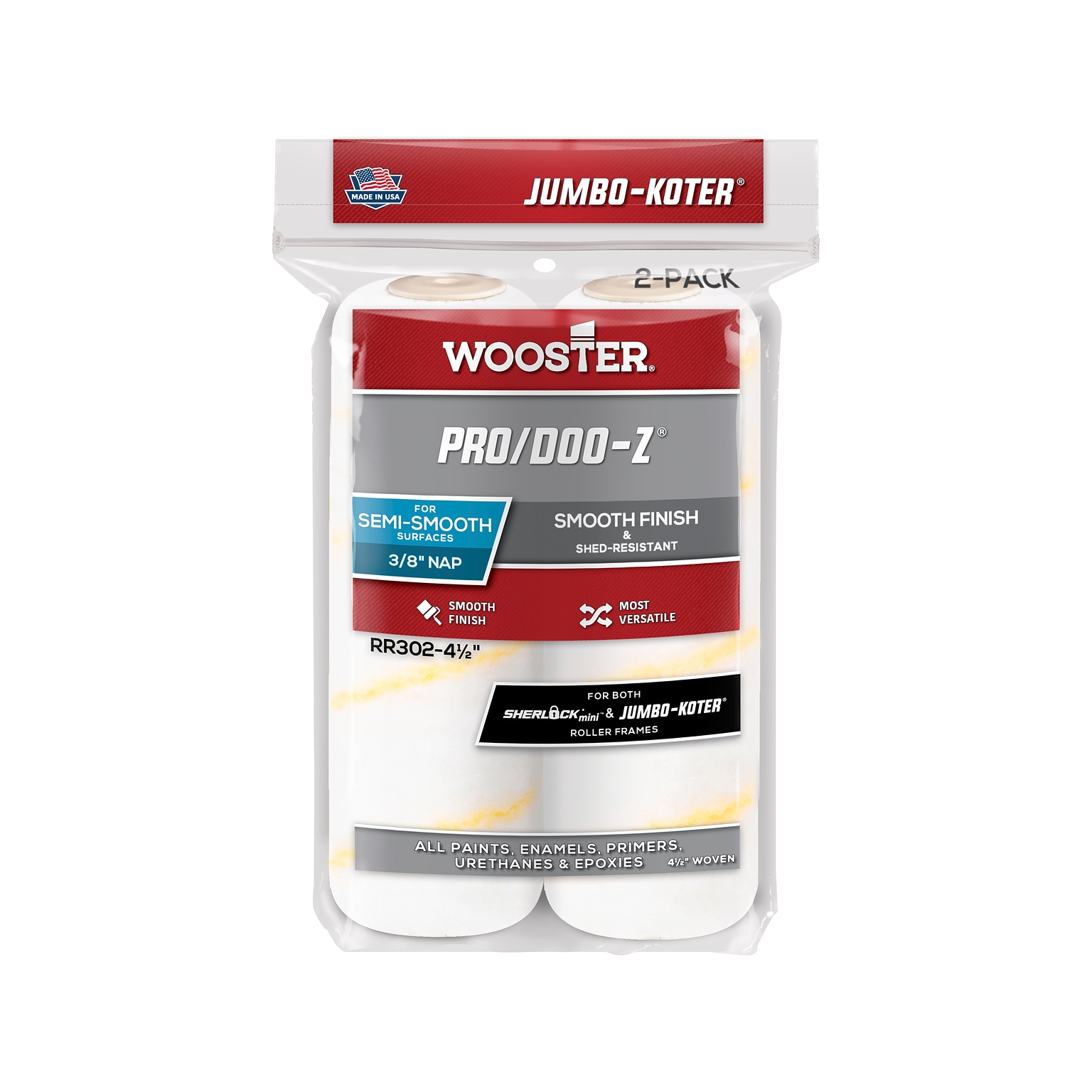 Wooster Brush Jumbo-Koter Pro/Doo-Z Roller Cover, 4.5L, 0.38 Nap, 2/Pack, 12 Packs/Carton (0RR3020044)