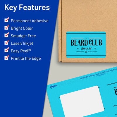 Avery Printable Rectangle Multipurpose Labels, 2 x 3.75, Bright Blue, 80/Pack (94240)