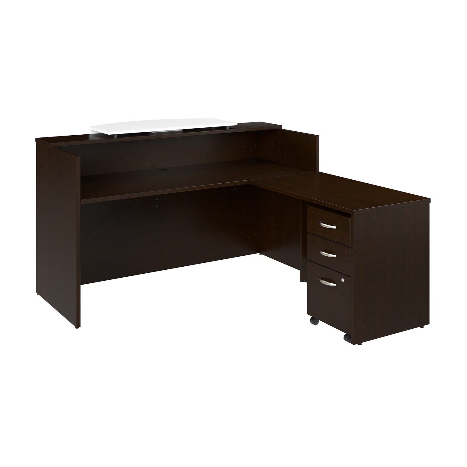 Bush Business Furniture Arrive 72W L Shaped Reception Desk with Counter and Mobile File Cabinet, Mocha Cherry (ARV010MR)