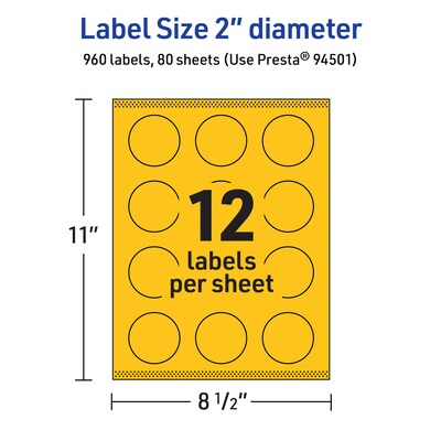 Avery Laser/Inkjet Round Multipurpose Labels, 2" Dia., Bright Yellow, 960/Box (94501)
