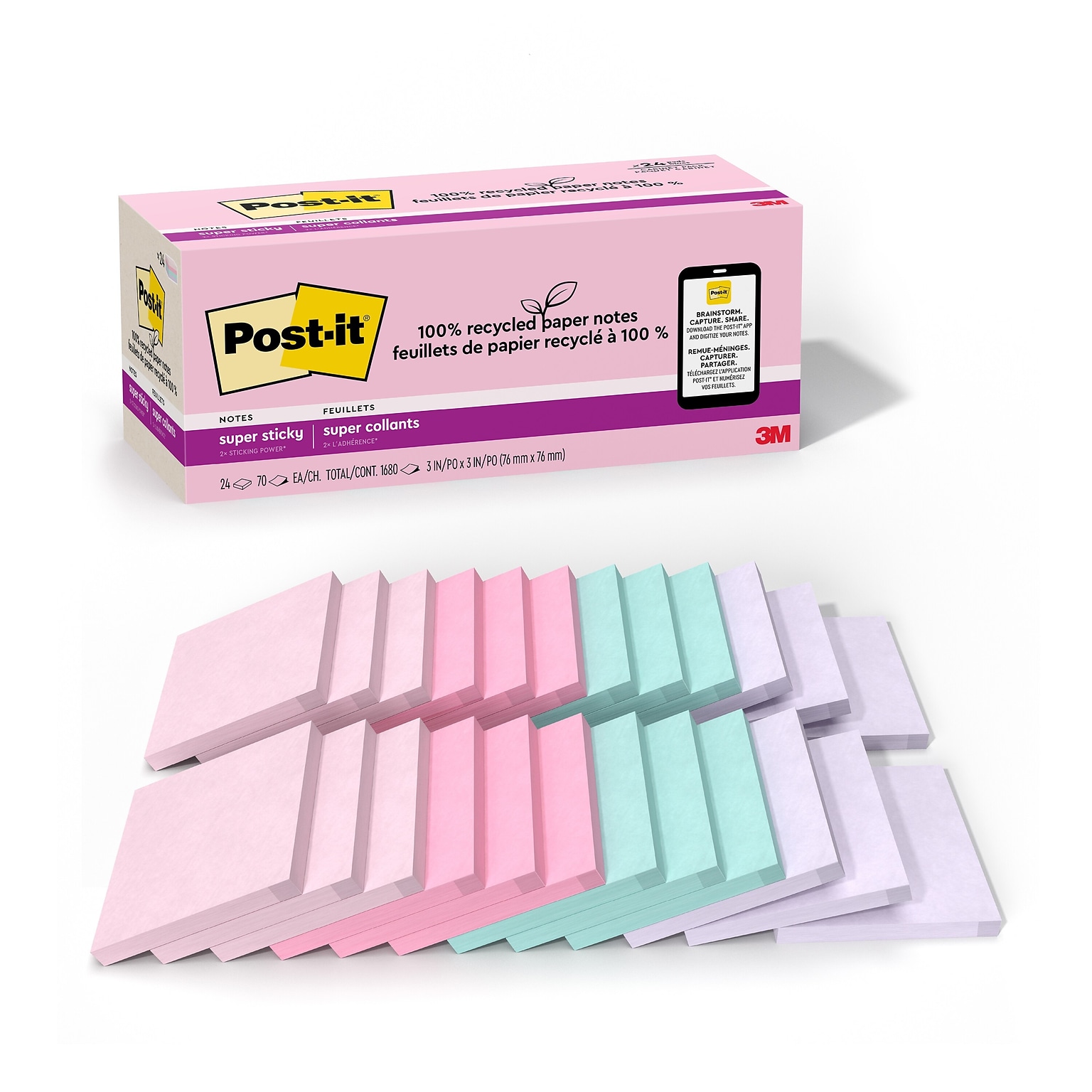 Post-it Recycled Super Sticky Notes, 3 x 3, Wanderlust Pastels Collection, 70 Sheets/Pad, 24 Pads/Pack (654R-24SSNRPCP)