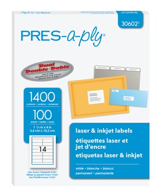 PRES-a-ply Laser/Inkjet Address Labels, 1-1/3 x 4, White, 14 Labels/Sheet, 100 Sheets/Box (30602)