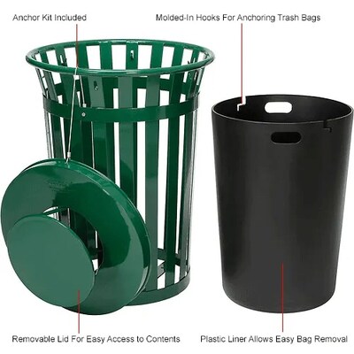 Global Industrial Outdoor Slatted Steel Trash Can w/ Rain Bonnet Lid, 36 Gallon, Green (260804GN)