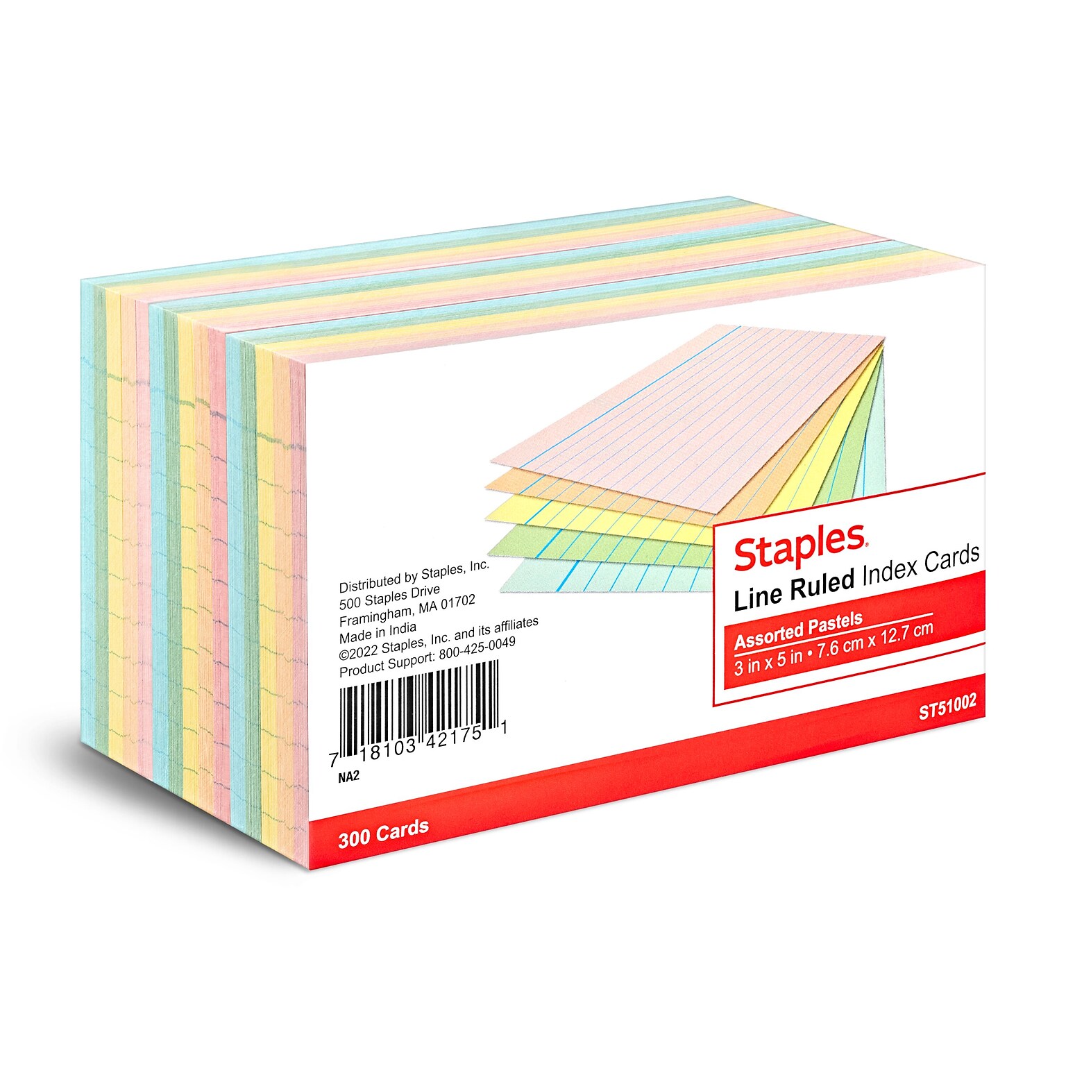 Staples 3 x 5 Index Cards, Lined, Assorted Colors, 300/Pack (TR51002)