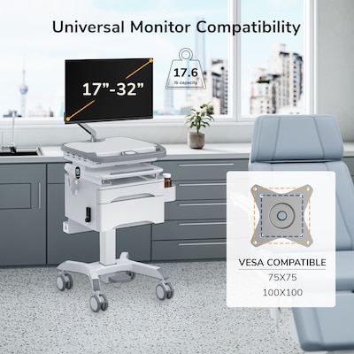 Mount-It! MedHub Powered Medical Cart with 2 Lockable Drawers, Monitor Arm, Scanner & Wipes Holders, White/Gray (MI-16066)