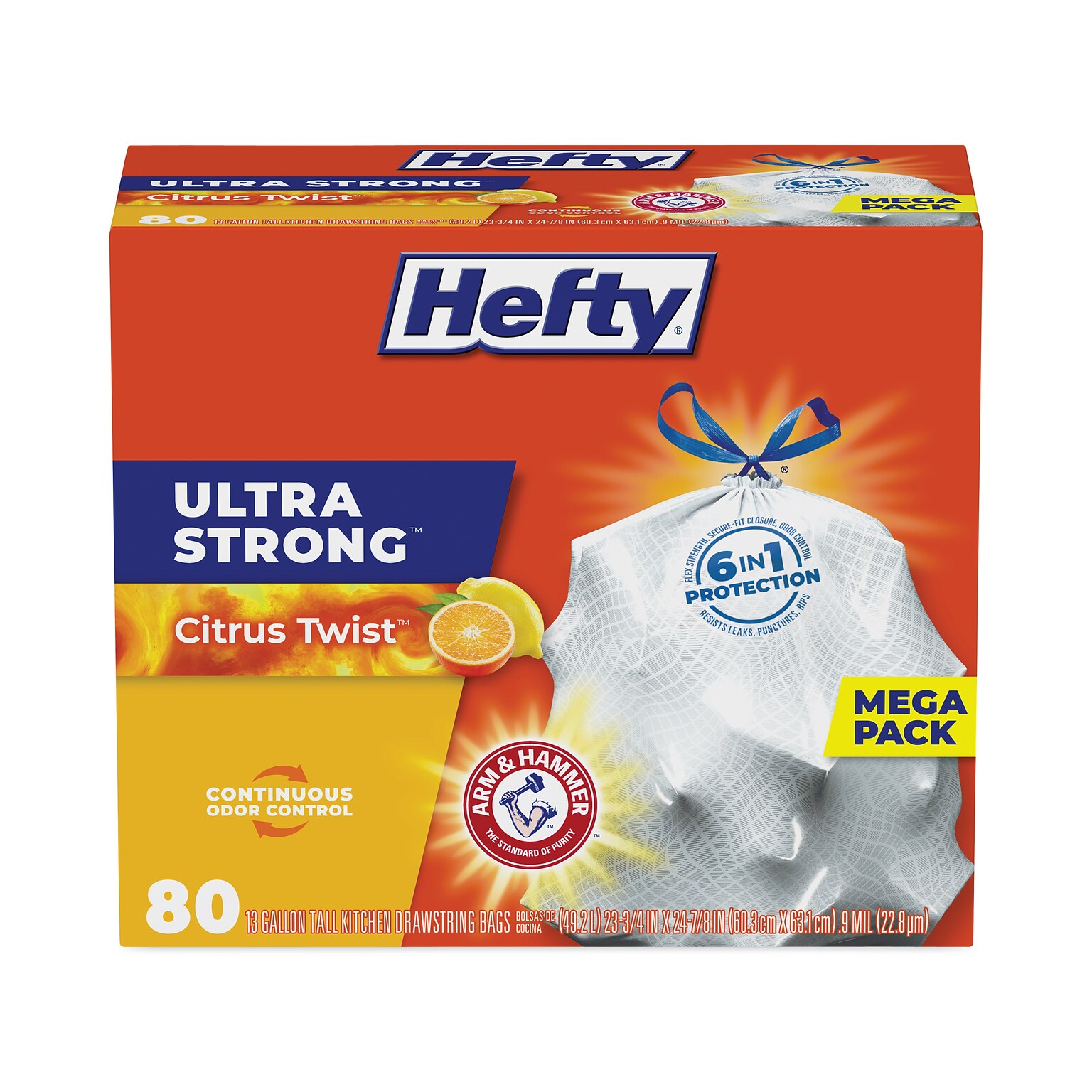 Hefty® Ultra Strong Scented Tall White Kitchen Bags, 13 gal, 0.9 mil, 23.75 x 24.88, White, 80 Bags/Box, 3 Boxes/Carton