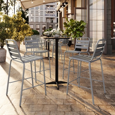 Flash Furniture Lila Indoor-Outdoor Restaurant Bar Height Stool with Slat Back, Silver (TLH015H)