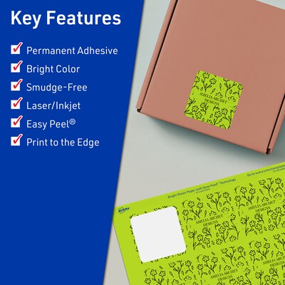 Avery Laser/Inkjet Multipurpose Square Labels, 2-1/8 x 2-1/8, Bright Green, 240/Pack (94105)