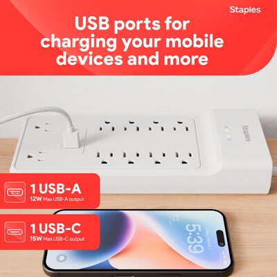 Staples TECH 10-Outlet 2-USB Port Surge Protector, 6', 3000 Joules, White (ST62776)