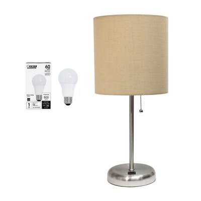 Creekwood Home Oslo 19.5" LED Table Lamp with USB Port, Brushed Steel/Tan Shade (CWT-2012-TN-LB)